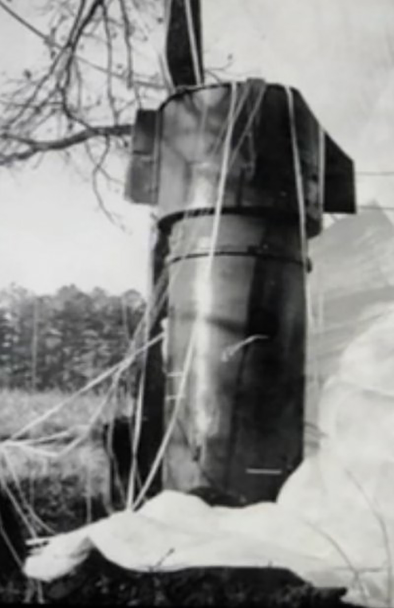 La bomba que quedó sujeta al árbol. Foto: USAF / Wikipedia